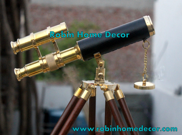 Antique Brass Leather Telescope Nautical With Stand Wooden Tripod Vintage Gift
